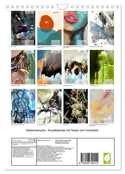 Produktbild: Seelenw&uuml;nsche - Kunstkalender mit Texten zum Innehalten (Wandkalender 2026 DIN A4 hoch), CALVENDO Monatskalender