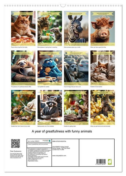 Produktbild: A year of greatfullness with funny animals (Wall Calendar 2026 DIN A2 portrait), CALVENDO 12 Month Wall Calendar