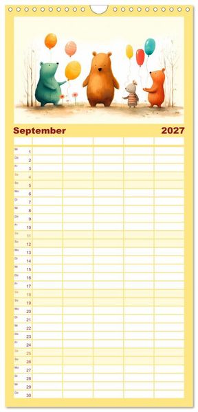 Produktbild: Familienplaner 2027 - B&auml;rige Illustrationen mit 5 Spalten (Wandkalender, 21 x 45 cm) CALVENDO