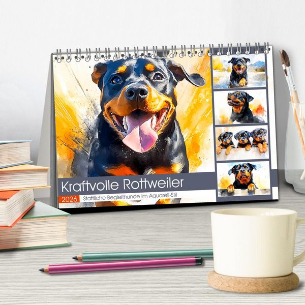 Produktbild: Kraftvolle Rottweiler. Stattliche Begleithunde im Aquarell-Stil (Tischkalender 2026 DIN A5 quer), CALVENDO Monatskalender