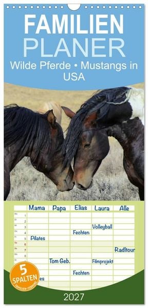 Produktbild: Familienplaner 2027 - Wilde Pferde &bull; Mustangs in USA mit 5 Spalten (Wandkalender, 21 x 45 cm) CALVENDO