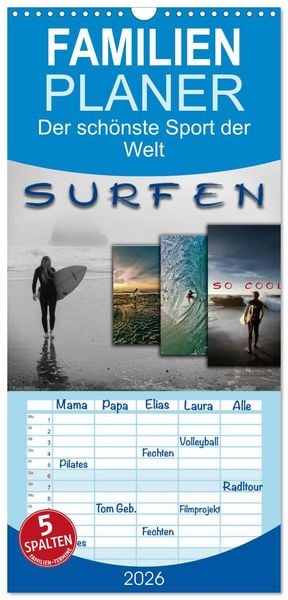 Familienplaner 2026 - Surfen - so cool mit 5 Spalten (Wandkalender, 21 x 45 cm) CALVENDO