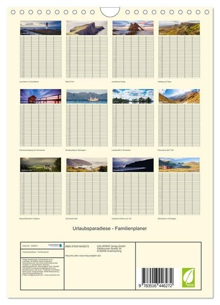 Produktbild: Urlaubsparadiese - Familienplaner (Wandkalender 2026 DIN A4 hoch), CALVENDO Monatskalender