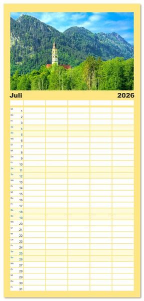 Produktbild: Familienplaner 2026 - Bayern - Idylle zwischen Allg&auml;u und Bayerischen Alpen mit 5 Spalten (Wandkalender, 21 x 45 cm) CALVENDO