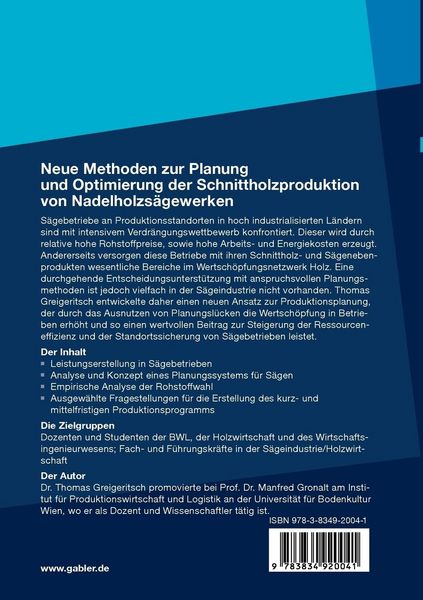 Produktbild: Neue Methoden zur Planung und Optimierung der Schnittholzproduktion von Nadelholzs&auml;gewerken
