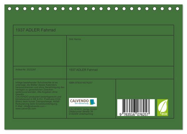 Produktbild: 1937 ADLER Fahrrad (Tischkalender 2026 DIN A5 quer), CALVENDO Monatskalender