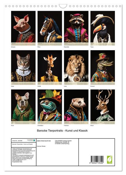 Produktbild: Barocke Tierportraits - Kunst und Klassik (Wandkalender 2026 DIN A3 hoch), CALVENDO Monatskalender