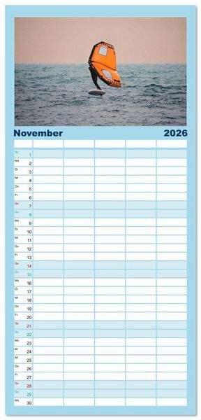 Produktbild: Familienplaner 2026 - Wingfoilen - fliegen &uuml;ber das Wasser mit 5 Spalten (Wandkalender, 21 x 45 cm) CALVENDO