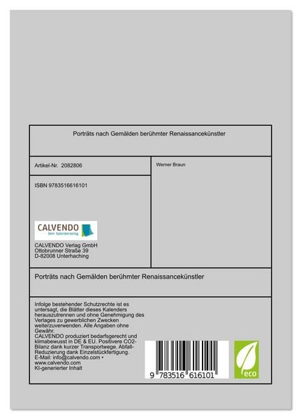 Produktbild: Portr&auml;ts nach Gem&auml;lden ber&uuml;hmter Renaissancek&uuml;nstler (Tischkalender 2026 DIN A5 hoch), CALVENDO Monatskalender
