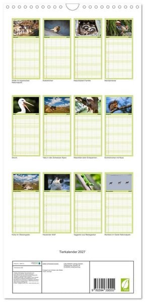Produktbild: Familienplaner 2027 - Tierkalender 2027 mit 5 Spalten (Wandkalender, 21 x 45 cm) CALVENDO