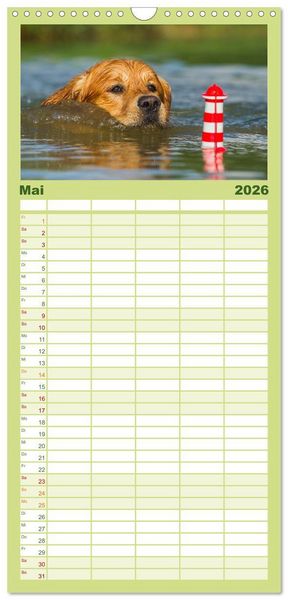 Produktbild: Familienplaner 2026 - Das Gl&uuml;ck hat einen Namen - Golden Retriever mit 5 Spalten (Wandkalender, 21 x 45 cm) CALVENDO
