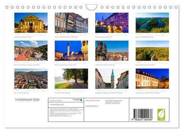 Produktbild: TH&Uuml;RINGEN 2026 (Wandkalender 2026 DIN A4 quer), CALVENDO Monatskalender