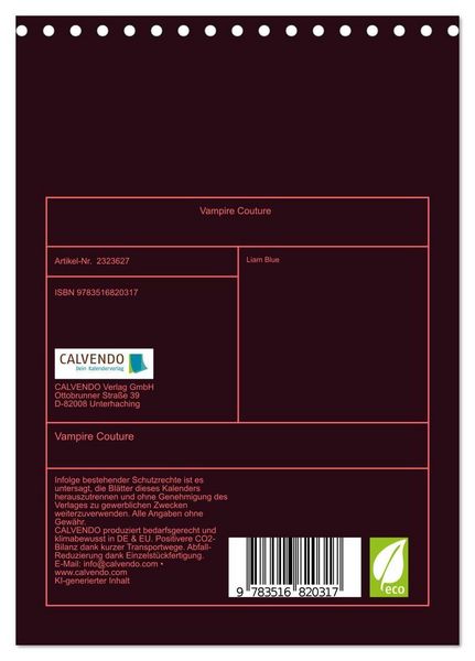 Produktbild: Vampire Couture (Tischkalender 2027 DIN A5 hoch), CALVENDO Monatskalender