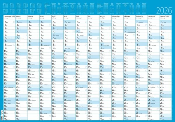 Produktbild: Jahresplaner 14 Monate foliert 2026 - Plakat-Kalender 86x61 cm - abwischbar - Ferienübersicht - Arbeitstagezählung - Zettler