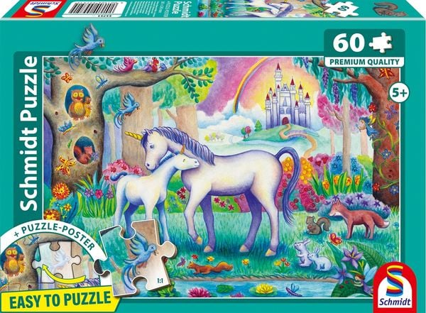 Schmidt 55751 - Einhorn-Mama mit Mini, Easy to Puzzle, Kinderpuzzle mit Poster, 60 Teile