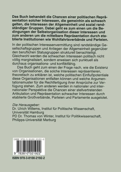 Produktbild: Politische Repr&auml;sentation schwacher Interessen