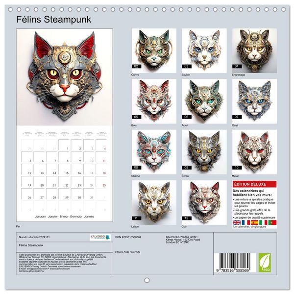 Produktbild: F&eacute;lins Steampunk (Calendrier mural carr&eacute; 2026 30x30 cm) Calendrier double avec une page pour vos prises de notes