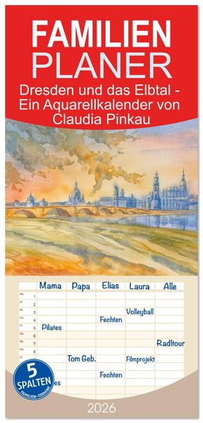 Produktbild: Familienplaner 2026 - Dresden und das Elbtal - Ein Aquarellkalender von Claudia Pinkau mit 5 Spalten (Wandkalender, 21 x 45 cm) CALVENDO
