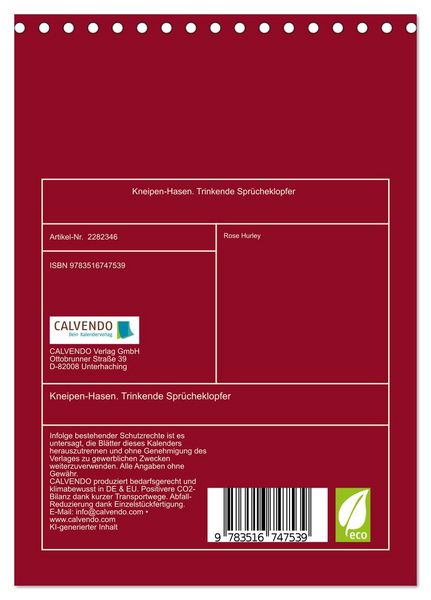 Produktbild: Kneipen-Hasen. Trinkende Spr&uuml;cheklopfer (Tischkalender 2026 DIN A5 hoch), CALVENDO Monatskalender
