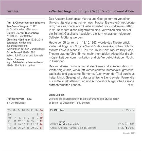 Produktbild: Literatur Tagesabrei&szlig;kalender 2027 - Kulturkalender - Autoren, Werke, H&ouml;rb&uuml;cher
