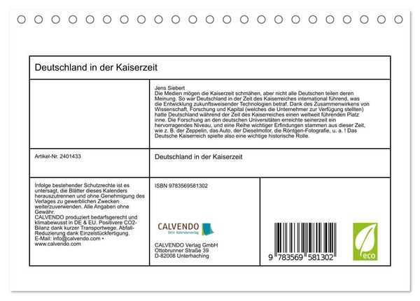 Produktbild: Deutschland in der Kaiserzeit (Tischkalender 2027 DIN A5 quer), CALVENDO Monatskalender