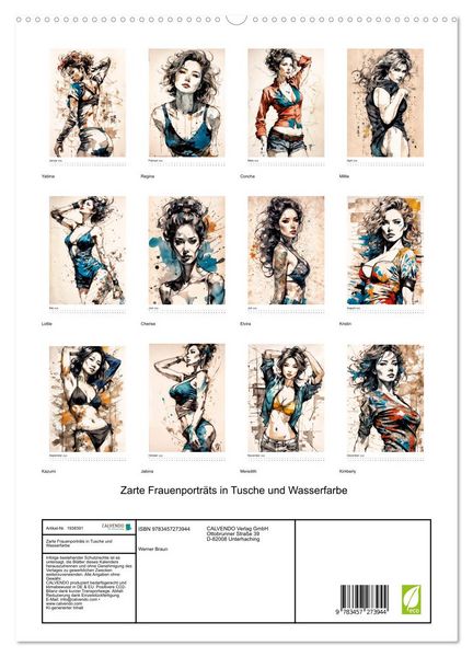 Produktbild: Zarte Frauenportr&auml;ts in Tusche und Wasserfarbe (hochwertiger Premium Wandkalender 2026 DIN A2 hoch), Kunstdruck in Hochglanz