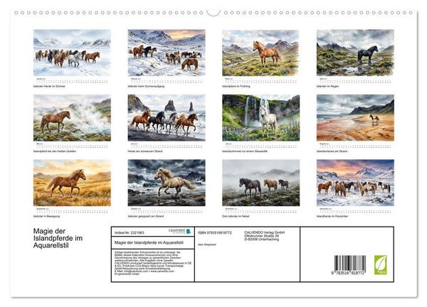 Produktbild: Magie der Islandpferde im Aquarellstil (hochwertiger Premium Wandkalender 2027 DIN A2 quer), Kunstdruck in Hochglanz
