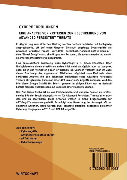 Produktbild: Cyberbedrohungen. Eine Analyse von Kriterien zur Beschreibung von Advanced Persistent Threats