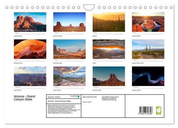 Produktbild: Arizona - Grand Canyon State (Wandkalender 2026 DIN A4 quer), CALVENDO Monatskalender