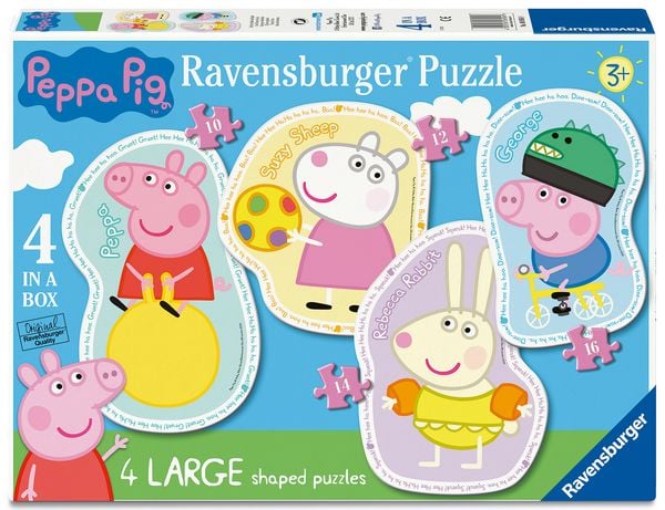 Produktbild: Ravensburger Kinderpuzzle 06956 - Zeit f&uuml;r Spiel und Spa&szlig; - 4 konturgeformte Puzzles mit 10, 12, 14 und 16 gro&szlig;en, stabilen Puzzleteilen, f&uuml;r kleine Peppa Pig-Fans ab 3 Jahren