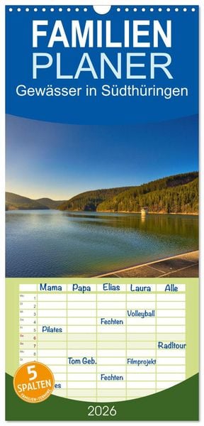 Produktbild: Familienplaner 2026 - Gew&auml;sser in S&uuml;dth&uuml;ringen mit 5 Spalten (Wandkalender, 21 x 45 cm) CALVENDO
