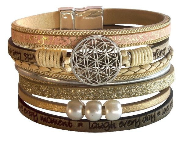 Produktbild: Armband "Blume des Lebens" Kunstleder beige, Metall silberfarben
