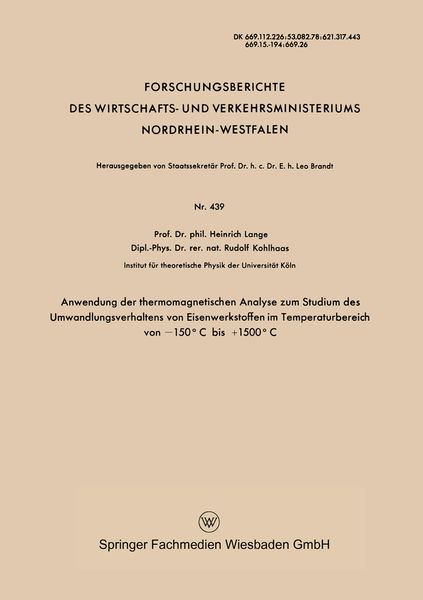 Produktbild: Anwendung der thermomagnetischen Analyse zum Studium des Umwandlungsverhaltens von Eisenwerkstoffen im Temperaturbereich von &minus;150&deg;C bis +1500&deg;C