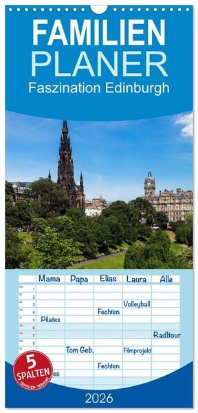 Familienplaner 2026 - Faszination Edinburgh mit 5 Spalten (Wandkalender, 21 x 45 cm) CALVENDO