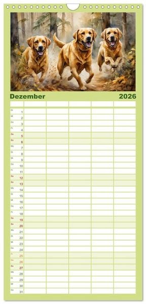 Produktbild: Familienplaner 2026 - Voller Kraft und Energie - Labrador-Retriever mit 5 Spalten (Wandkalender, 21 x 45 cm) CALVENDO
