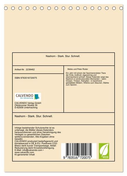 Produktbild: Nashorn - Stark. Stur. Schnell. (Tischkalender 2026 DIN A5 hoch), CALVENDO Monatskalender