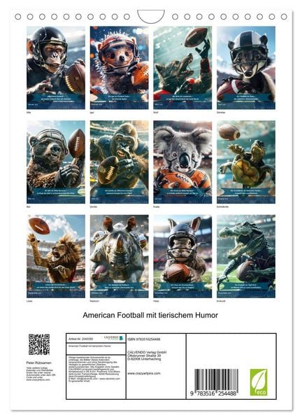Produktbild: American Football mit tierischem Humor (Wandkalender 2026 DIN A4 hoch), CALVENDO Monatskalender