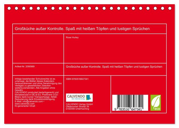 Produktbild: Gro&szlig;k&uuml;che au&szlig;er Kontrolle. Spa&szlig; mit hei&szlig;en T&ouml;pfen und lustigen Spr&uuml;chen (Tischkalender 2026 DIN A5 quer), CALVENDO Monatskalender