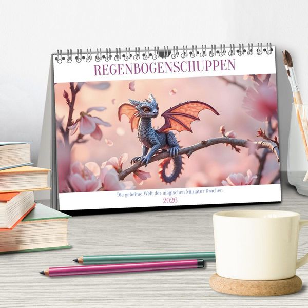 Produktbild: Regenbogenschuppen - Die geheime Welt der magischen Miniatur Drachen (Tischkalender 2026 DIN A5 quer), CALVENDO Monatskalender