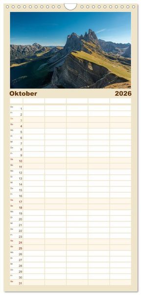 Produktbild: Familienplaner 2026 - Dolomiten mit 5 Spalten (Wandkalender, 21 x 45 cm) CALVENDO