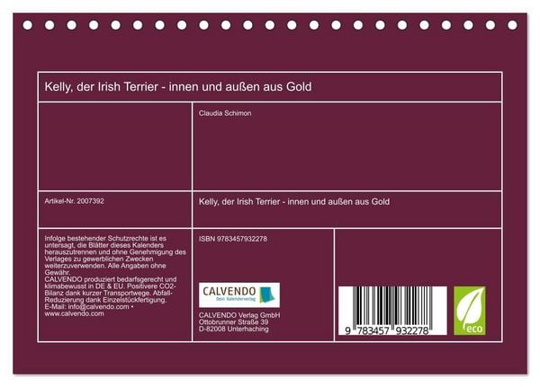 Produktbild: Kelly, der Irish Terrier - innen und au&szlig;en aus Gold (Tischkalender 2026 DIN A5 quer), CALVENDO Monatskalender