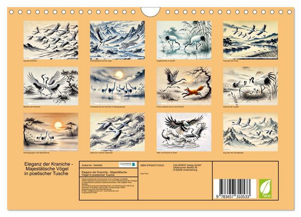 Produktbild: Eleganz der Kraniche - Majest&auml;tische V&ouml;gel in poetischer Tusche (Wandkalender 2026 DIN A4 quer), CALVENDO Monatskalender