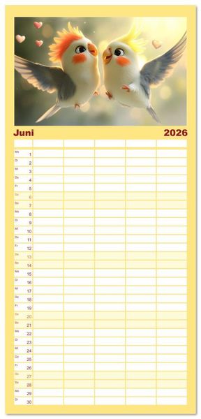 Produktbild: Familienplaner 2026 - Klein, laut, lustig - Nymphensittiche mit 5 Spalten (Wandkalender, 21 x 45 cm) CALVENDO