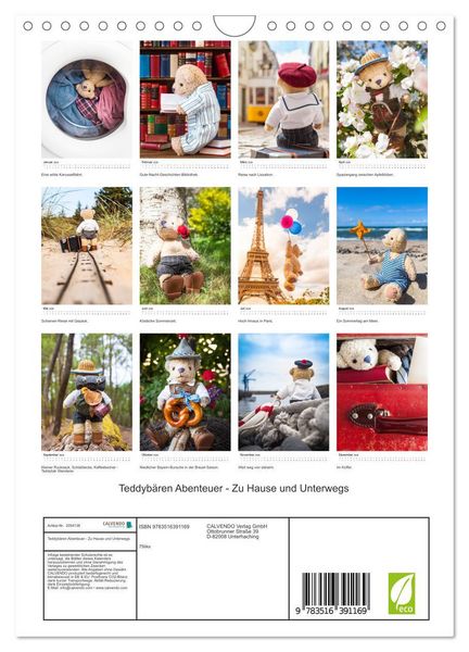Produktbild: Teddyb&auml;ren Abenteuer - Zu Hause und Unterwegs (Wandkalender 2026 DIN A4 hoch), CALVENDO Monatskalender