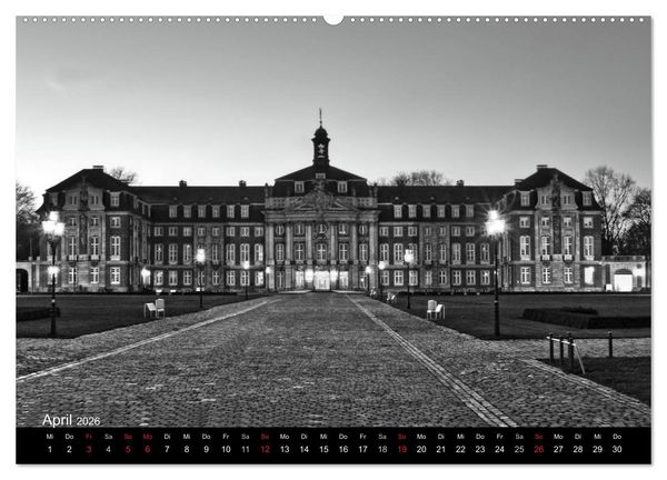 Produktbild: M&uuml;nster in schwarz-wei&szlig; gesehen (Wandkalender 2026 DIN A2 quer), CALVENDO Monatskalender