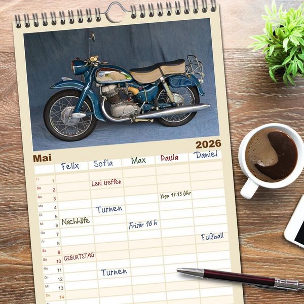 Produktbild: Familienplaner 2026 - Deutsche Motorrad - Legenden - Rollende Kunstwerke aus alten Zeiten mit 5 Spalten (Wandkalender, 21 x 45 cm) CALVENDO