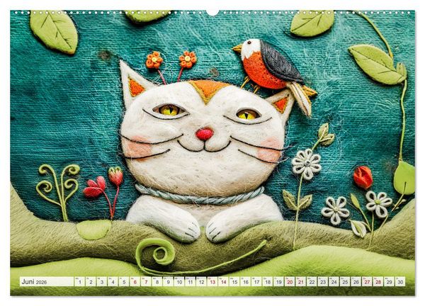 Produktbild: Filzige Katzenfreunde - Ein Jahr voller niedlicher KI-Filzkunst (hochwertiger Premium Wandkalender 2026 DIN A2 quer), Kunstdruck in Hochglanz