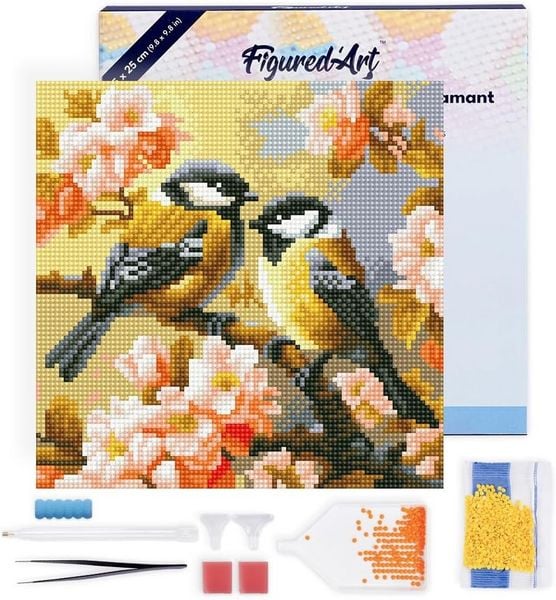 Produktbild: FiguredArt DP-SFA183-Y - Mini Diamond Painting, Vogelpaar zwischen Bl&uuml;ten, Leinwand-Keilrahmen (25x25cm), DIY Bastelset