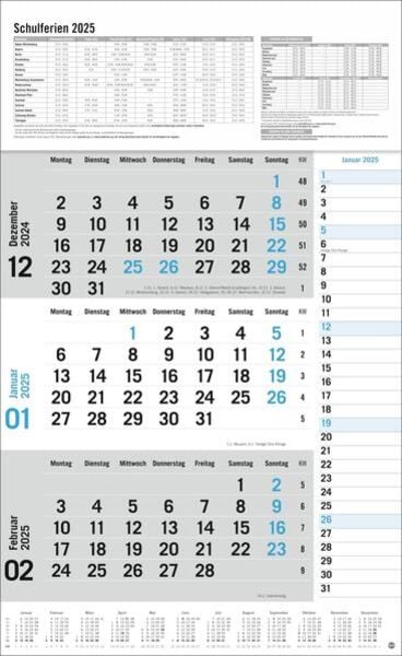 3-Monats-Planer 2025 mit Klappfälzel mit Ferienterminen.