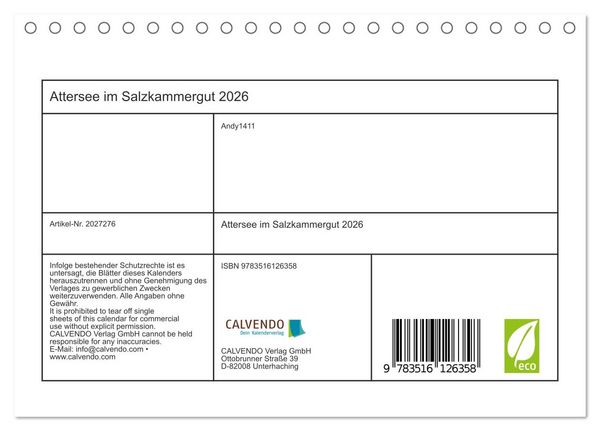 Produktbild: Attersee im Salzkammergut 2026 (Tischkalender 2026 DIN A5 quer), CALVENDO Monatskalender